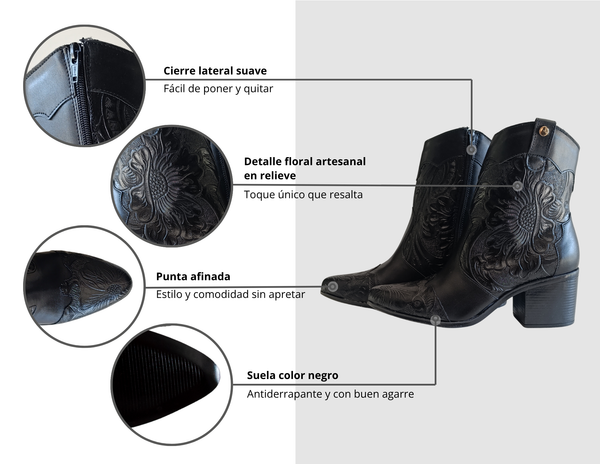 Bota Vaquera grabado floral Negro