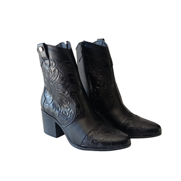 Bota Vaquera grabado floral Negro
