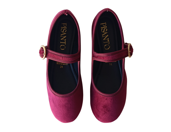 Merceditas Rojo Estilo Mary Jane Terciopelo Mujer Pisanto