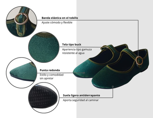 Merceditas Verde Estilo Mary Jane Terciopelo Mujer Pisanto