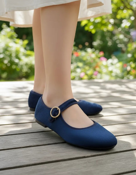 Merceditas Azul Estilo Mary Jane Terciopelo Mujer Pisanto