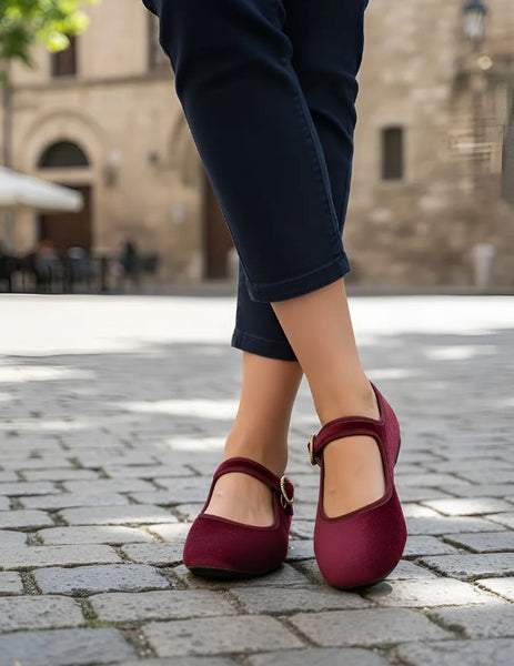 Merceditas Rojo Estilo Mary Jane Terciopelo Mujer Pisanto