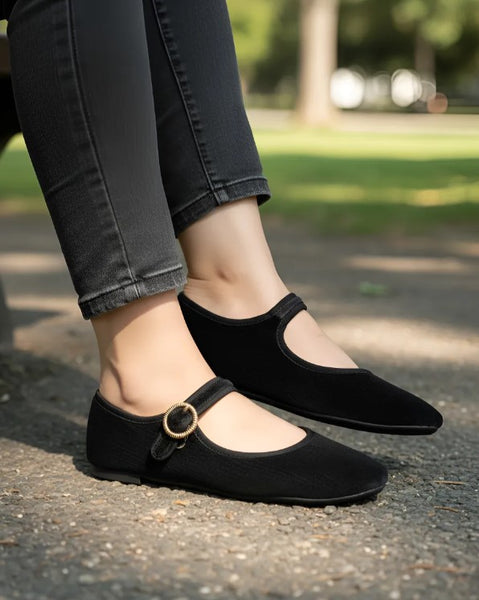 Merceditas Negro Estilo Mary Jane Terciopelo Mujer Pisanto