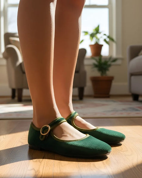 Merceditas Verde Estilo Mary Jane Terciopelo Mujer Pisanto
